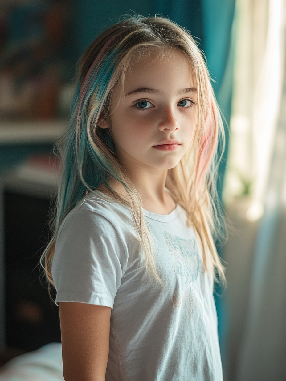 Portrait of chubby 12-year-old girl with colorful hair.