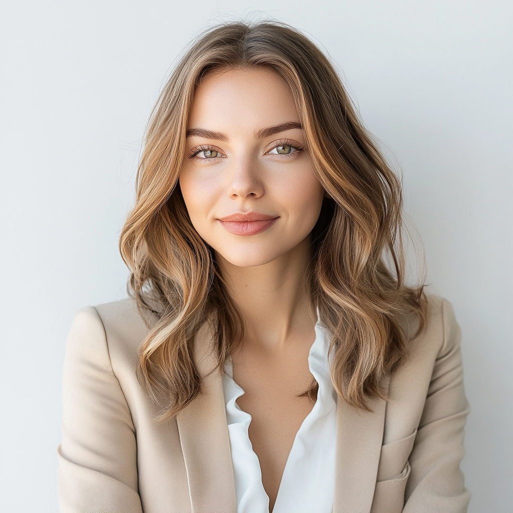 Portrait of confident Caucasian woman in stylish beige blazer