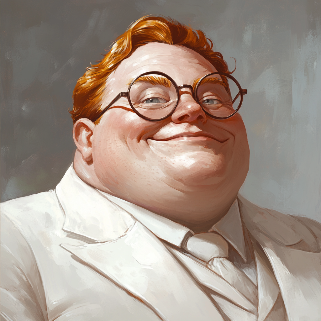 Portrait of fat older man in white suit smiling.