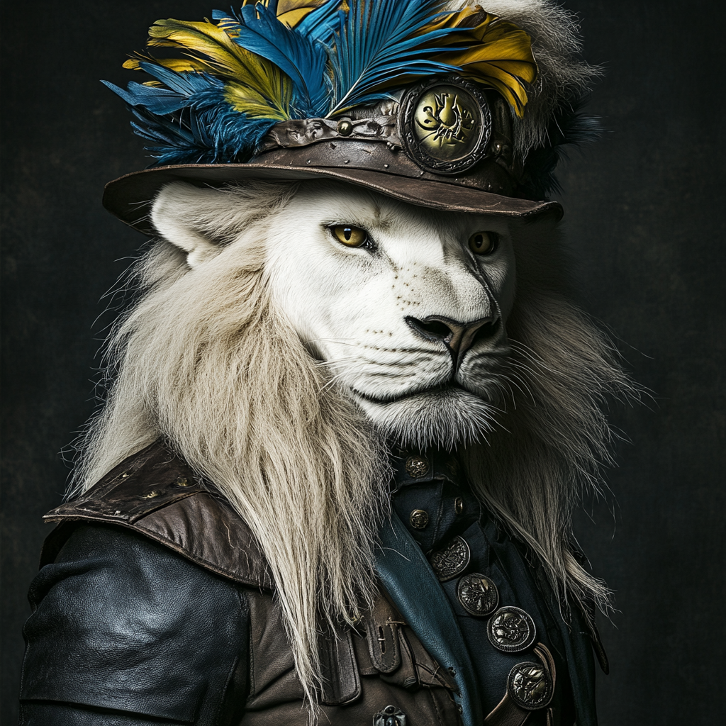 Portrait of fierce lion wearing fantasy armor hat.