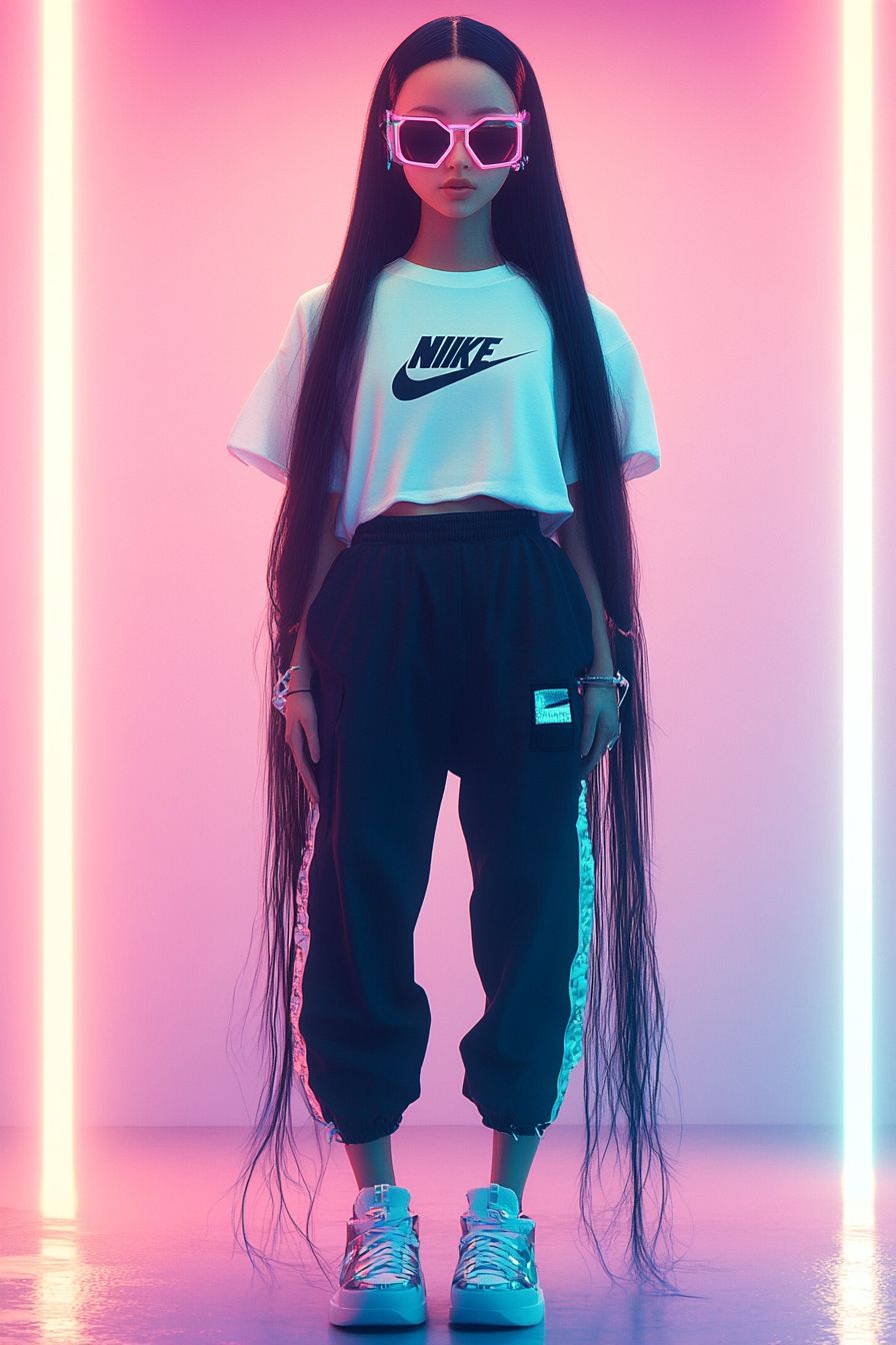 Portrait of girl in Nike sneakers and sunglasses, futuristic vibe