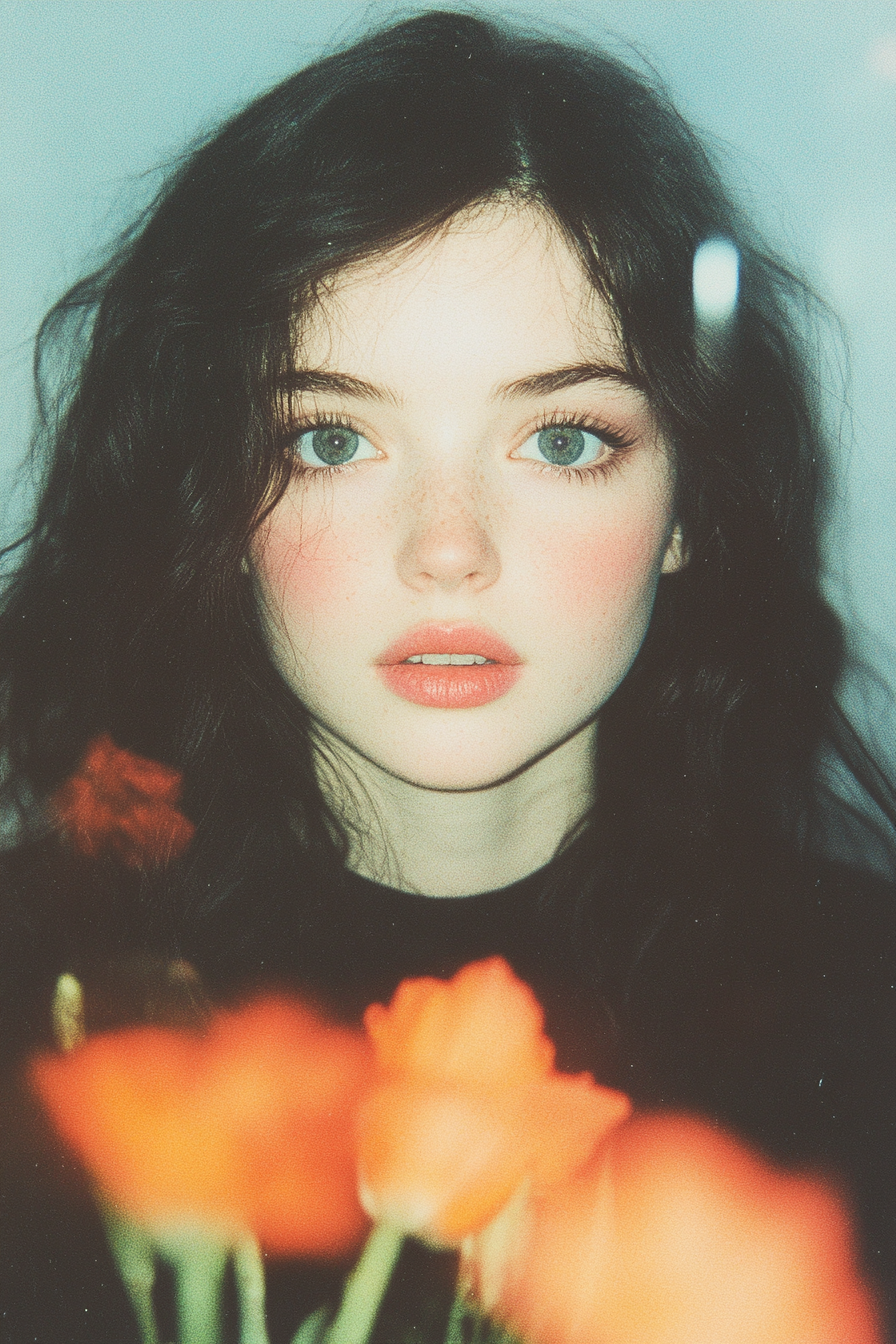 Portrait of girl in motion, with flowers, silver highlights.