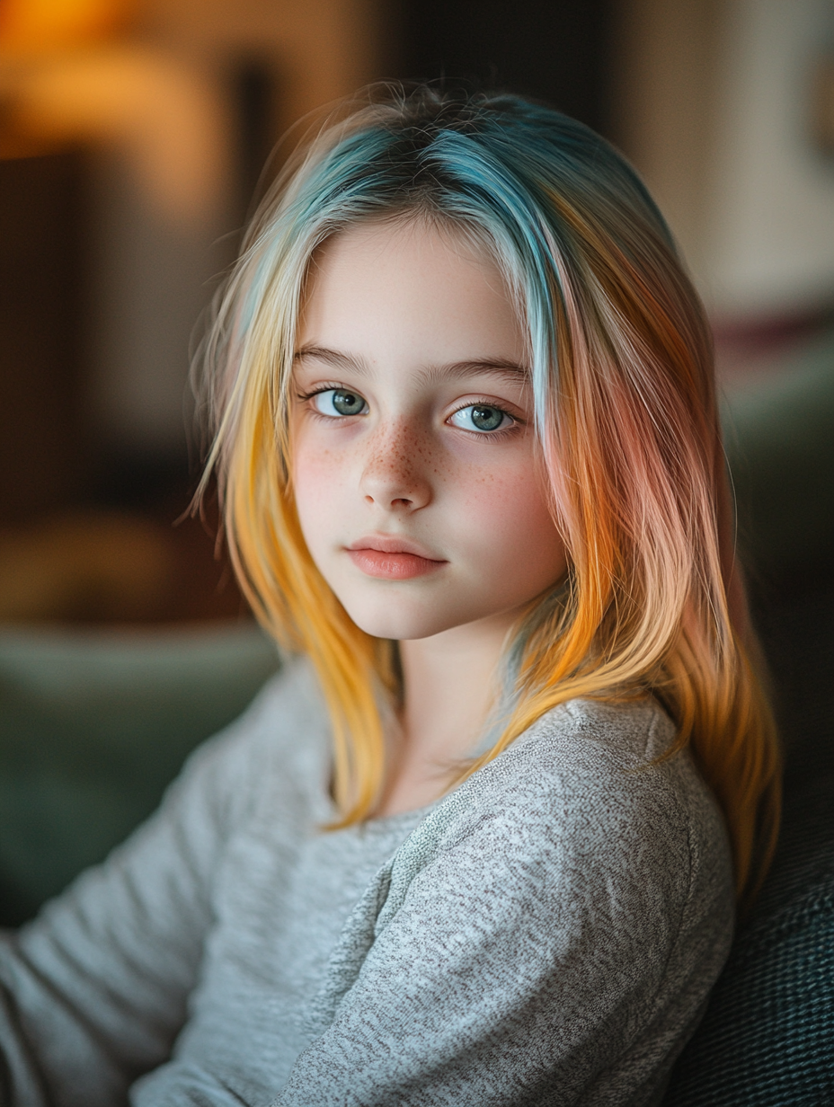 Portrait of girl with colorful hair in cozy room.