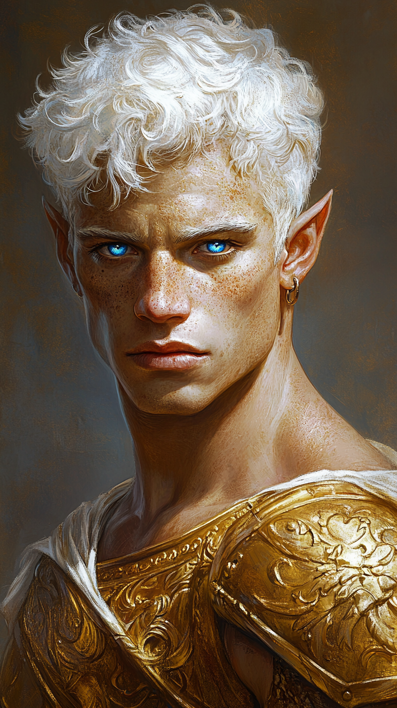 Portrait of half-orc with white hair, blue and gold eyes.