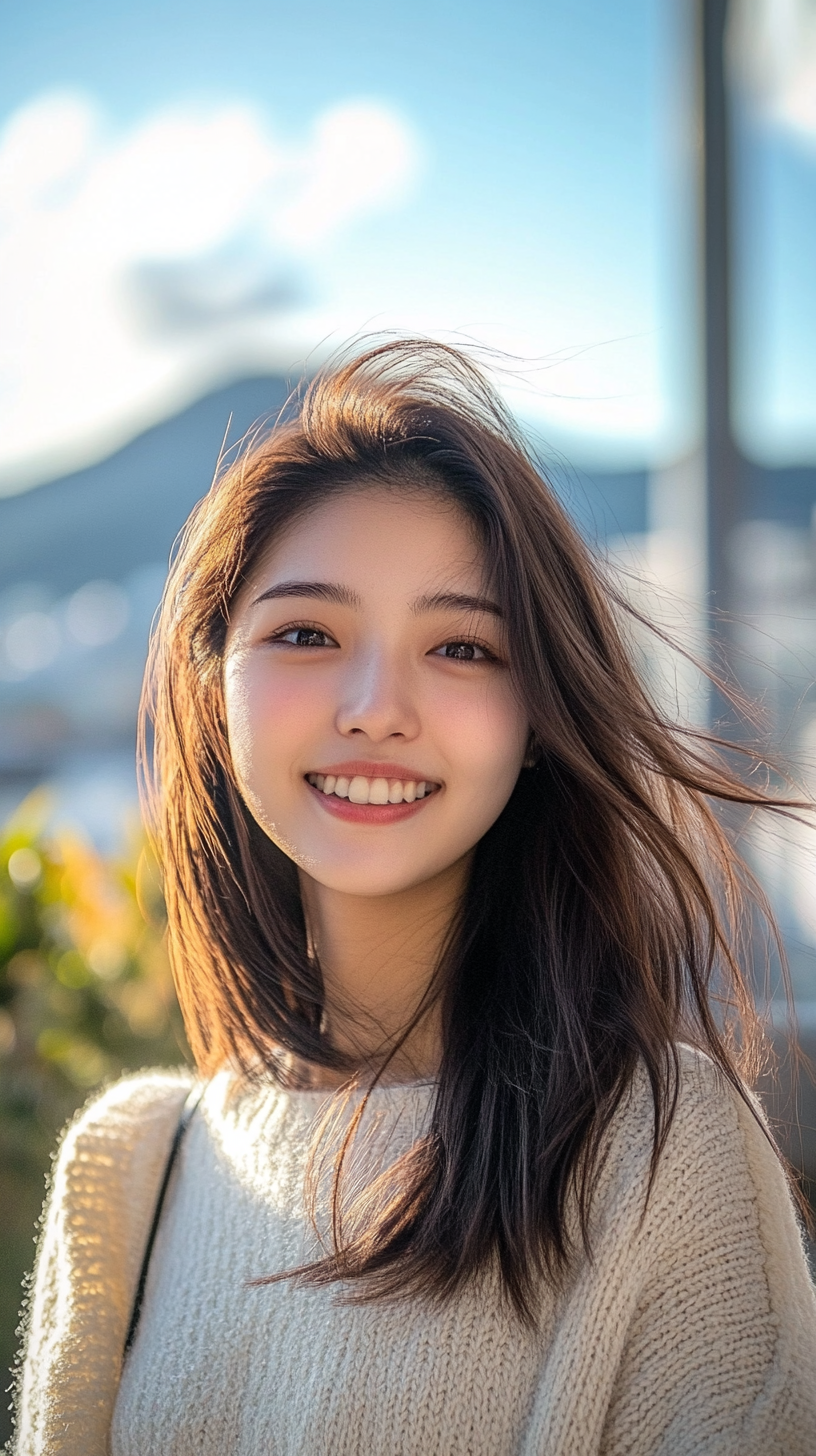 Portrait of happy Japanese student walking in Nagasaki streets.