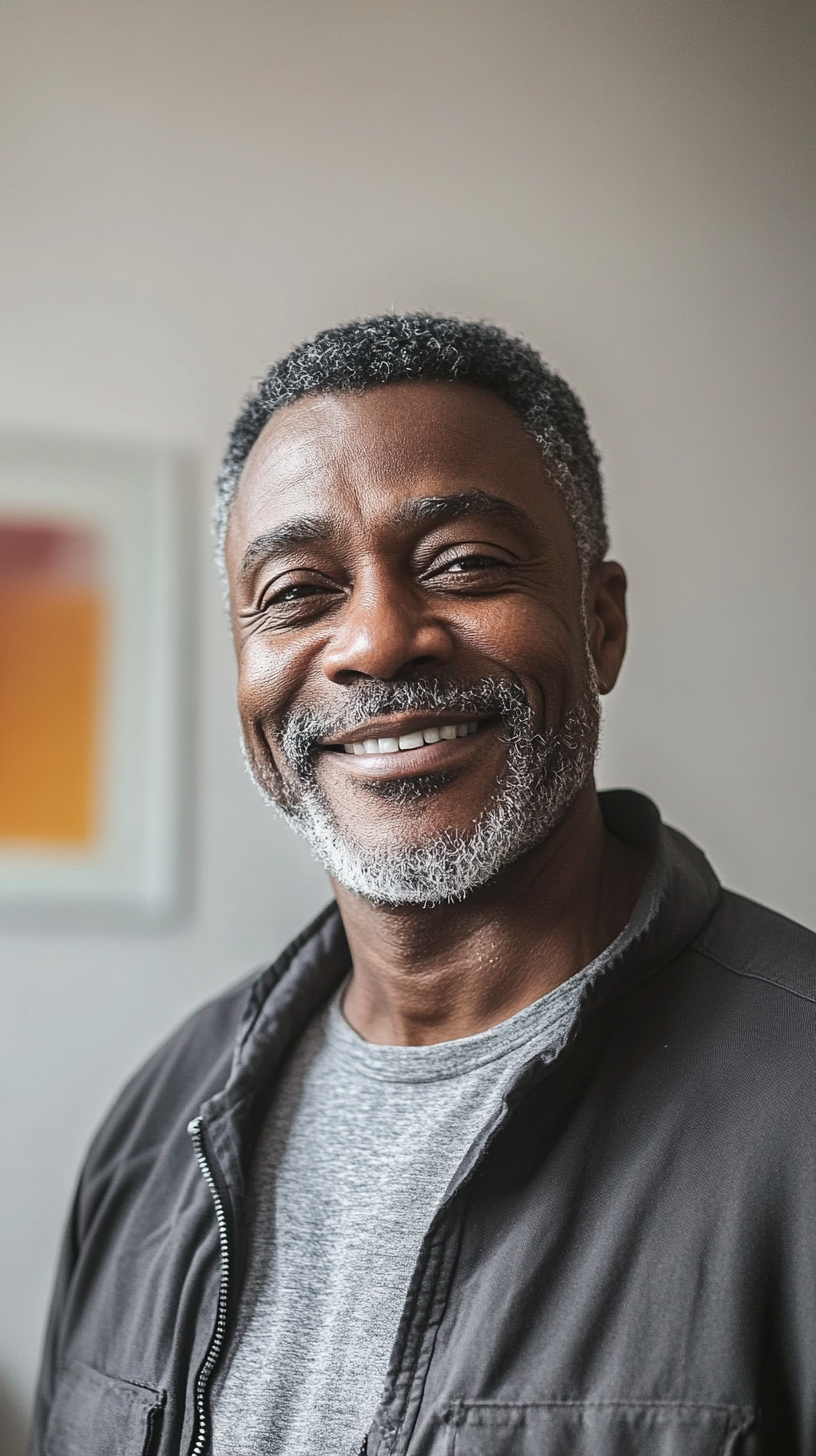 Portrait of happy old black man smiling on zoom.