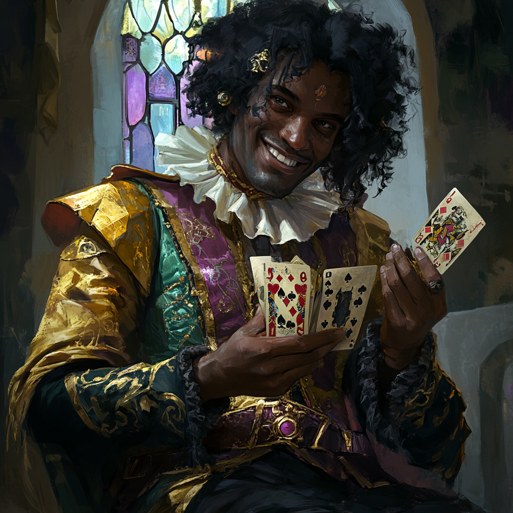 Portrait of man in jester attire with magic cards.