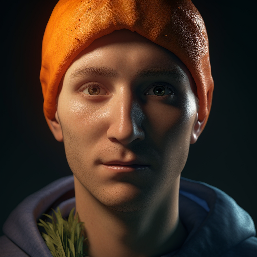 Portrait of man with carrot-shaped head, redshift render