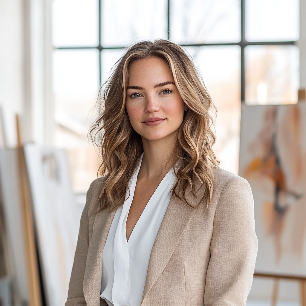 Portrait of mid-20s Caucasian woman in stylish studio.