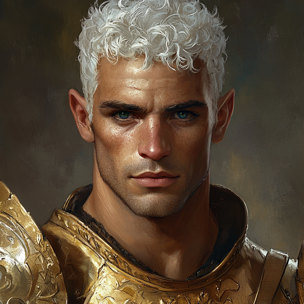 Portrait of muscular half-orc in golden elf armor