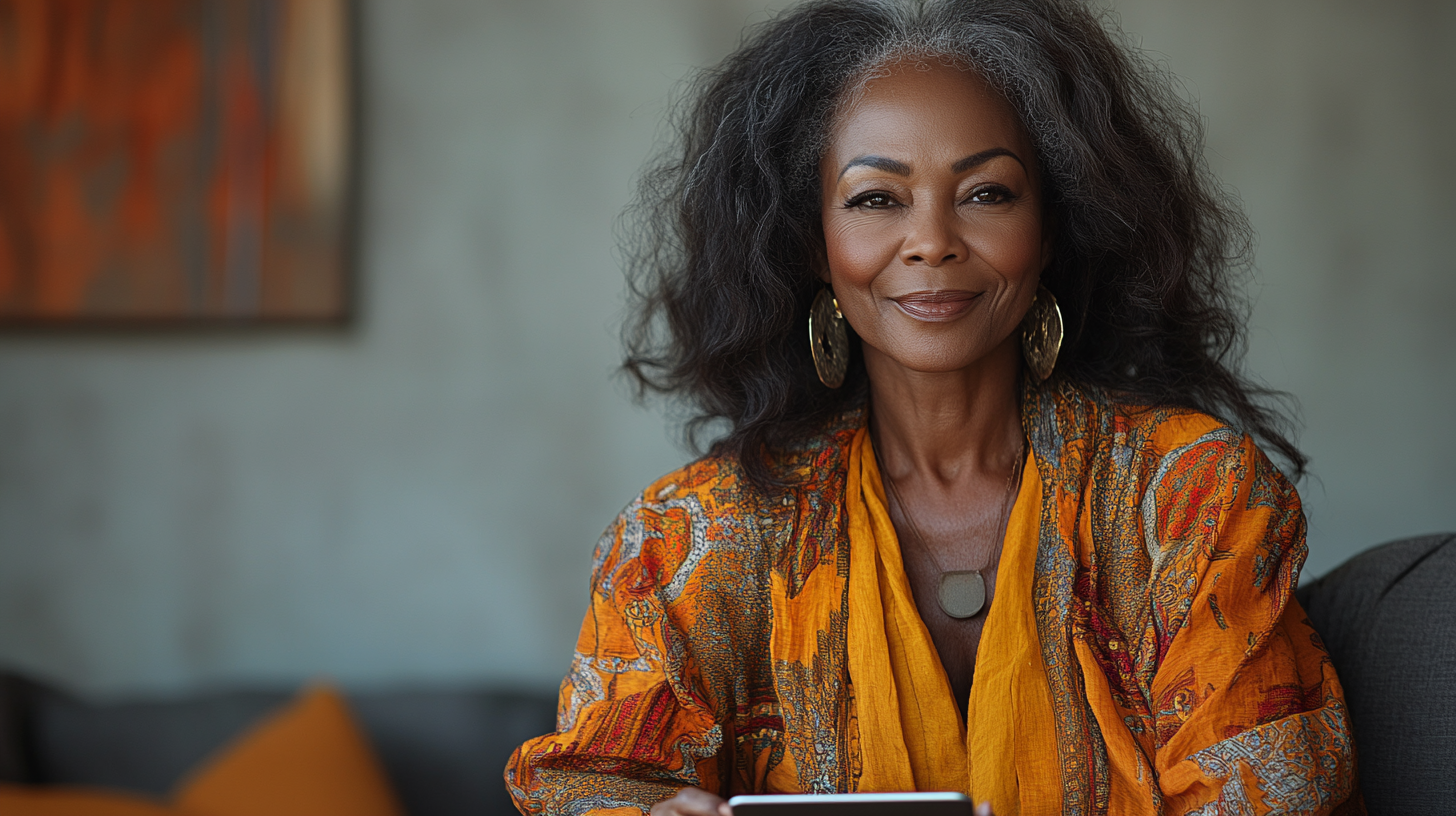 Portrait of smiling black woman with iPad in office.