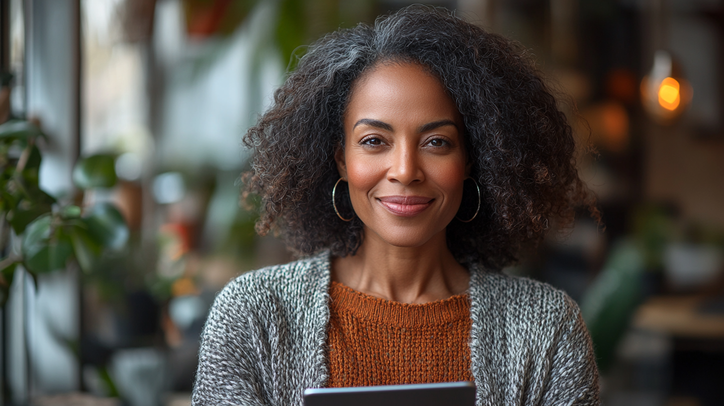 Portrait of smiling black woman with long hair sitting.