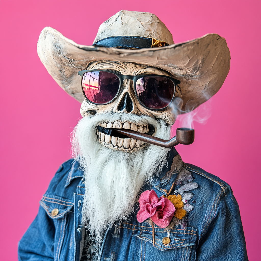 Portrait of smiling cowboy skull in pink background.