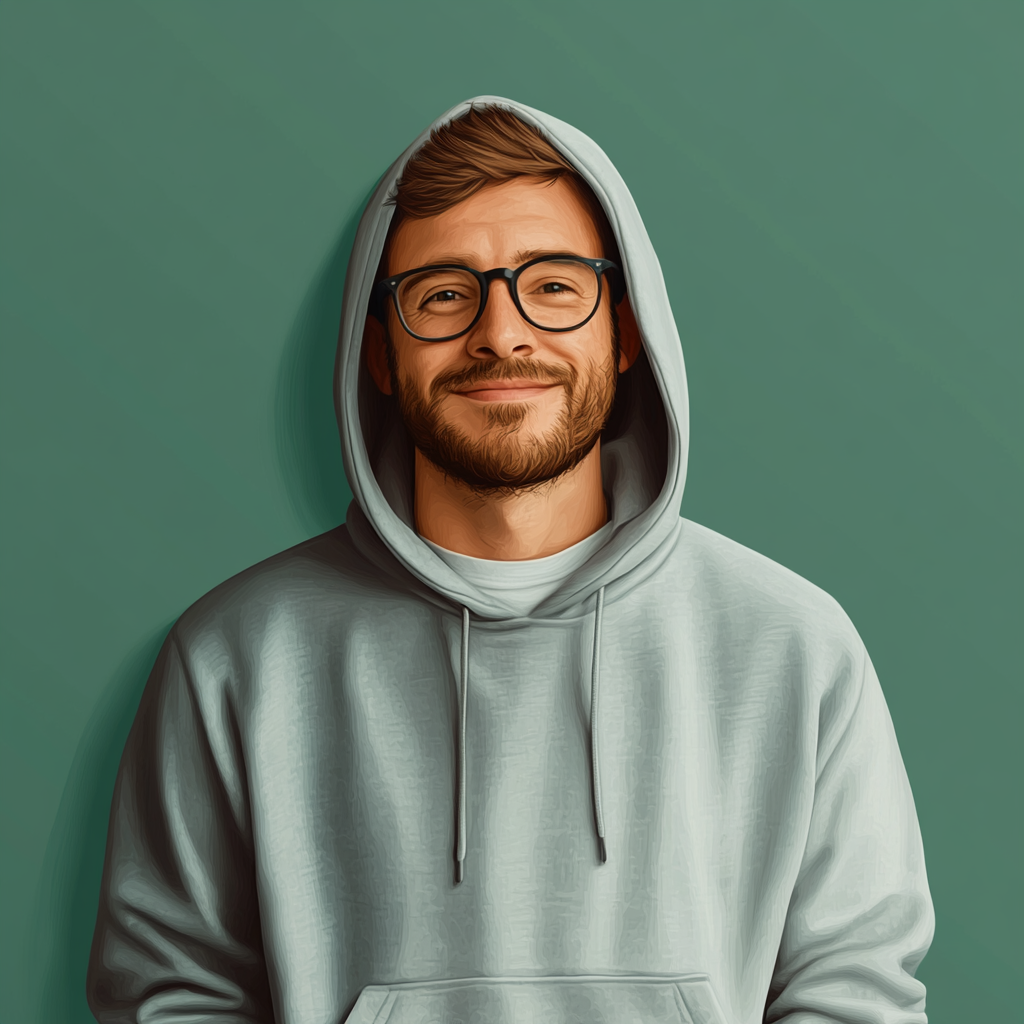 Portrait of smiling male nerd in green hoodie.