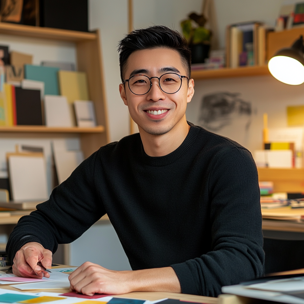 Portrait of smiling man with black hair at desk