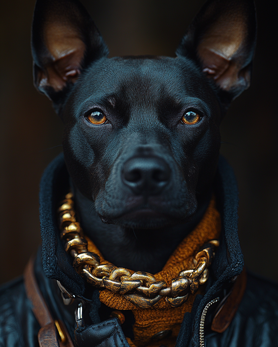 Portrait of stylish black dog in hip hop attire.