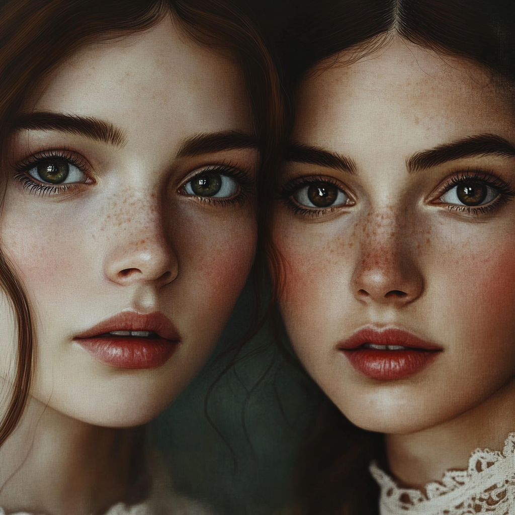 Portrait of two sisters, one blushing, in Jane Austen style.