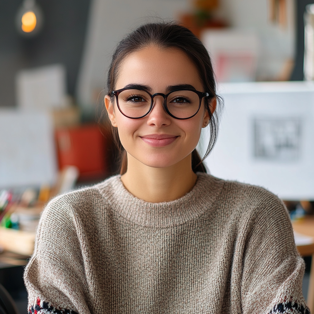 Portrait of woman in 20s with dark hair, glasses, smile.