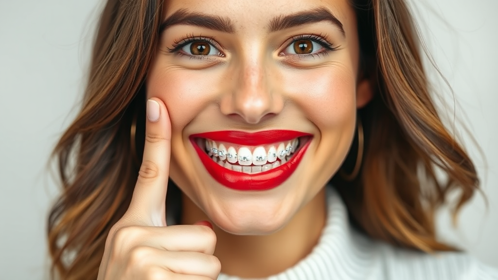 Portrait of woman proudly pointing to clear dental braces.