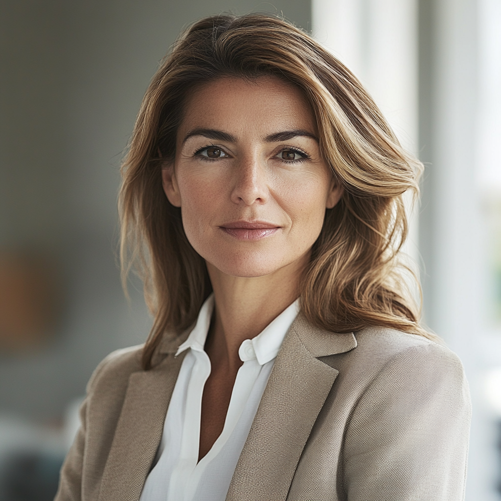 Portrait of woman with brown hair, professional expression, beige blazer