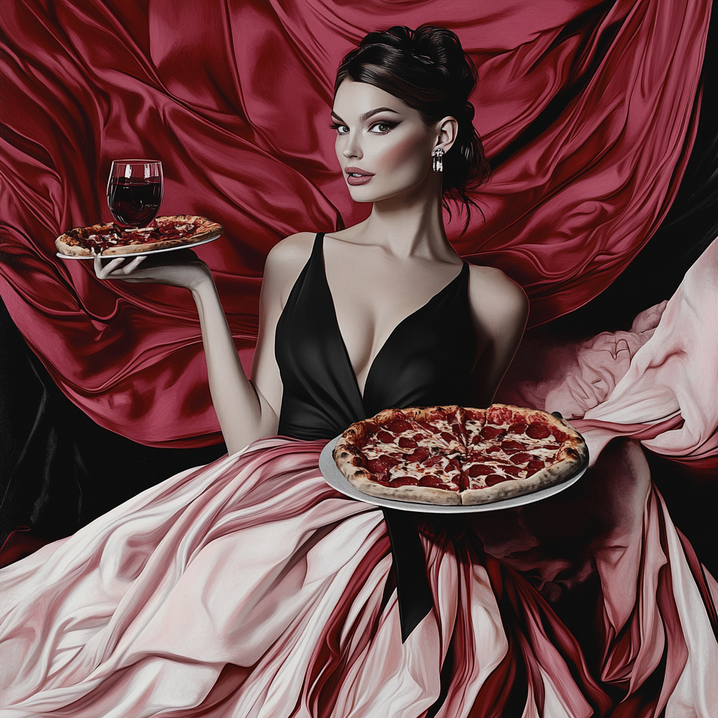 Portrait of woman with pizza, wine, elegant dress