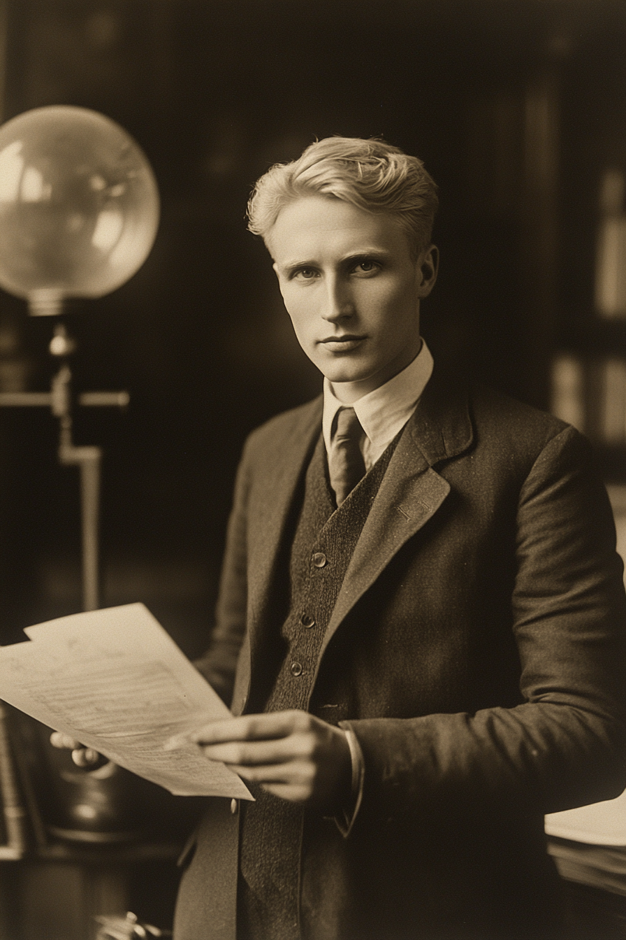 Portrait of young German scientist with papers.