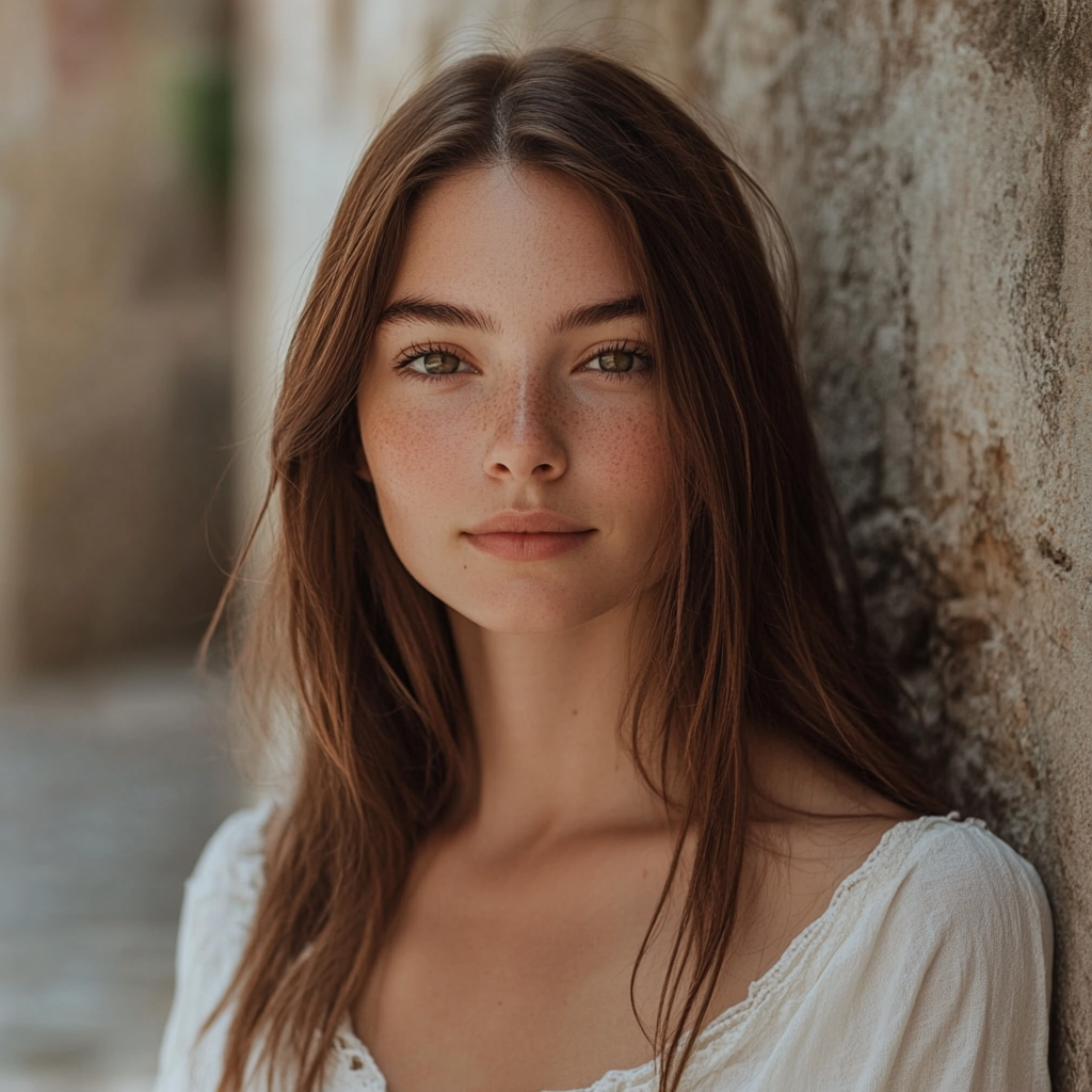 Portrait of young lady in charming old town sunset