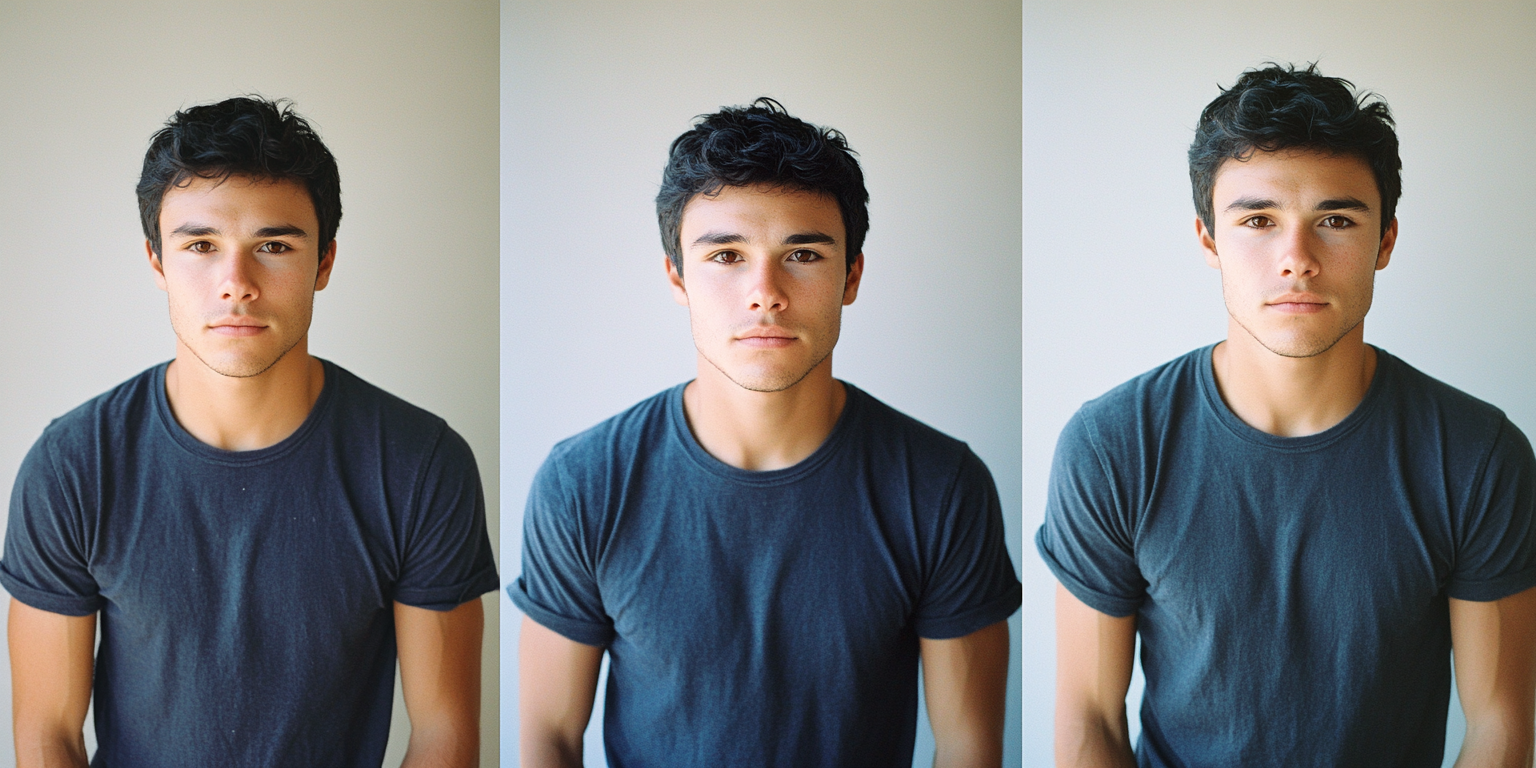 Portrait of young man in navy shirt, split.