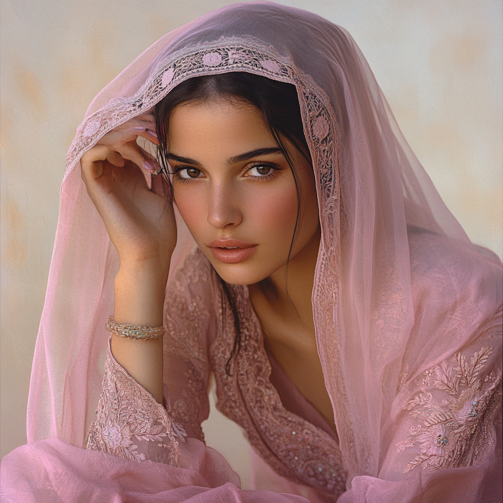 Portrait of young woman in Moroccan attire peacefully seated.