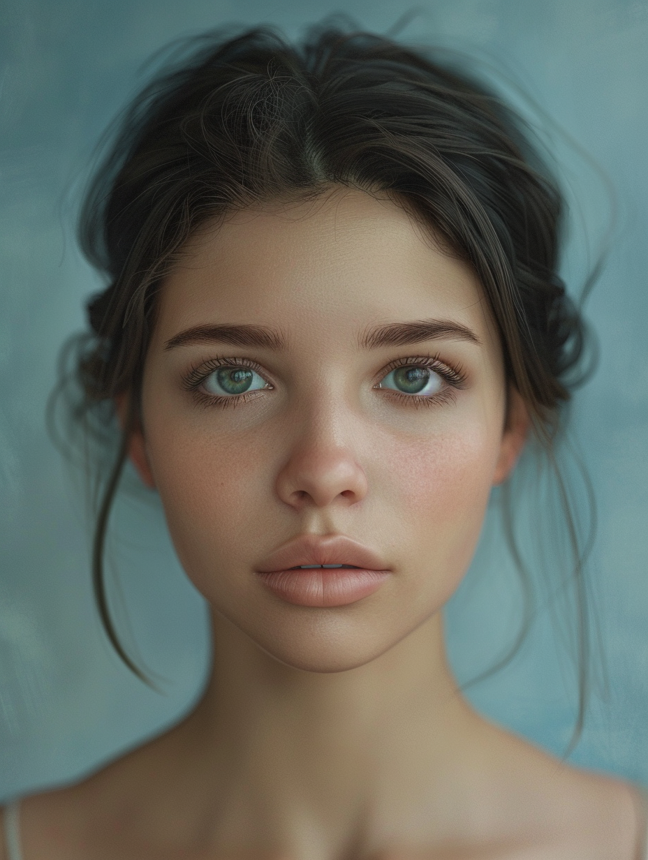 Portrait of young woman with perfect skin and neutral expression, front-facing.