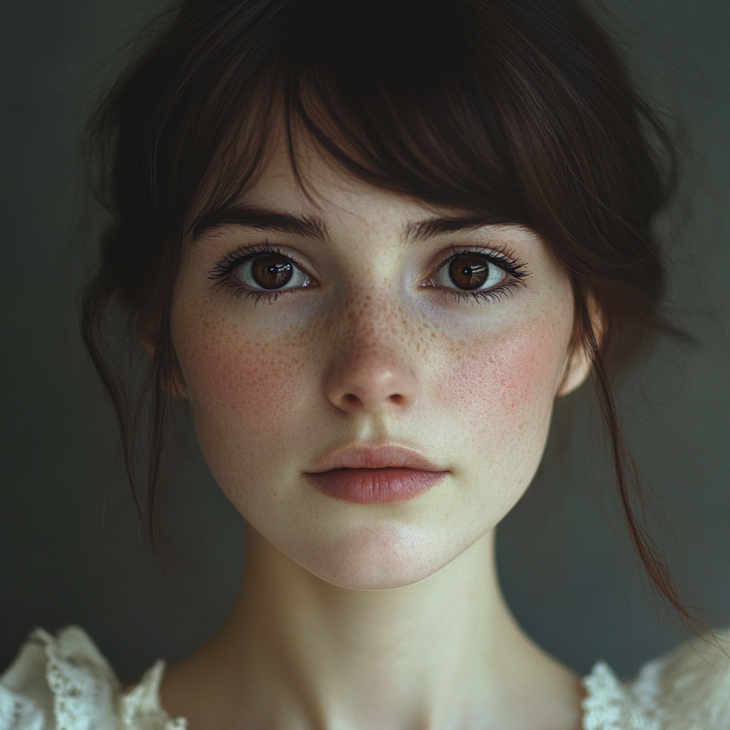 Portrait of young woman with symmetrical features, doe eyes.