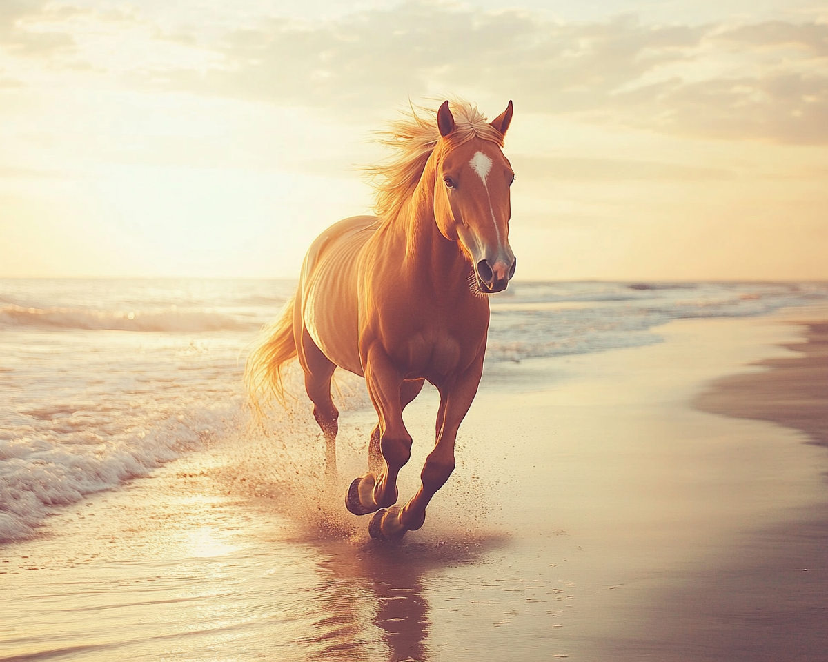 Portrait photo of horse running on beach, 1960s, artistic.