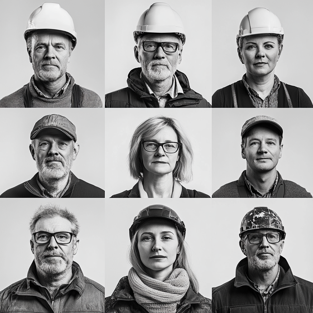 Portrait photography of construction team in black and white.