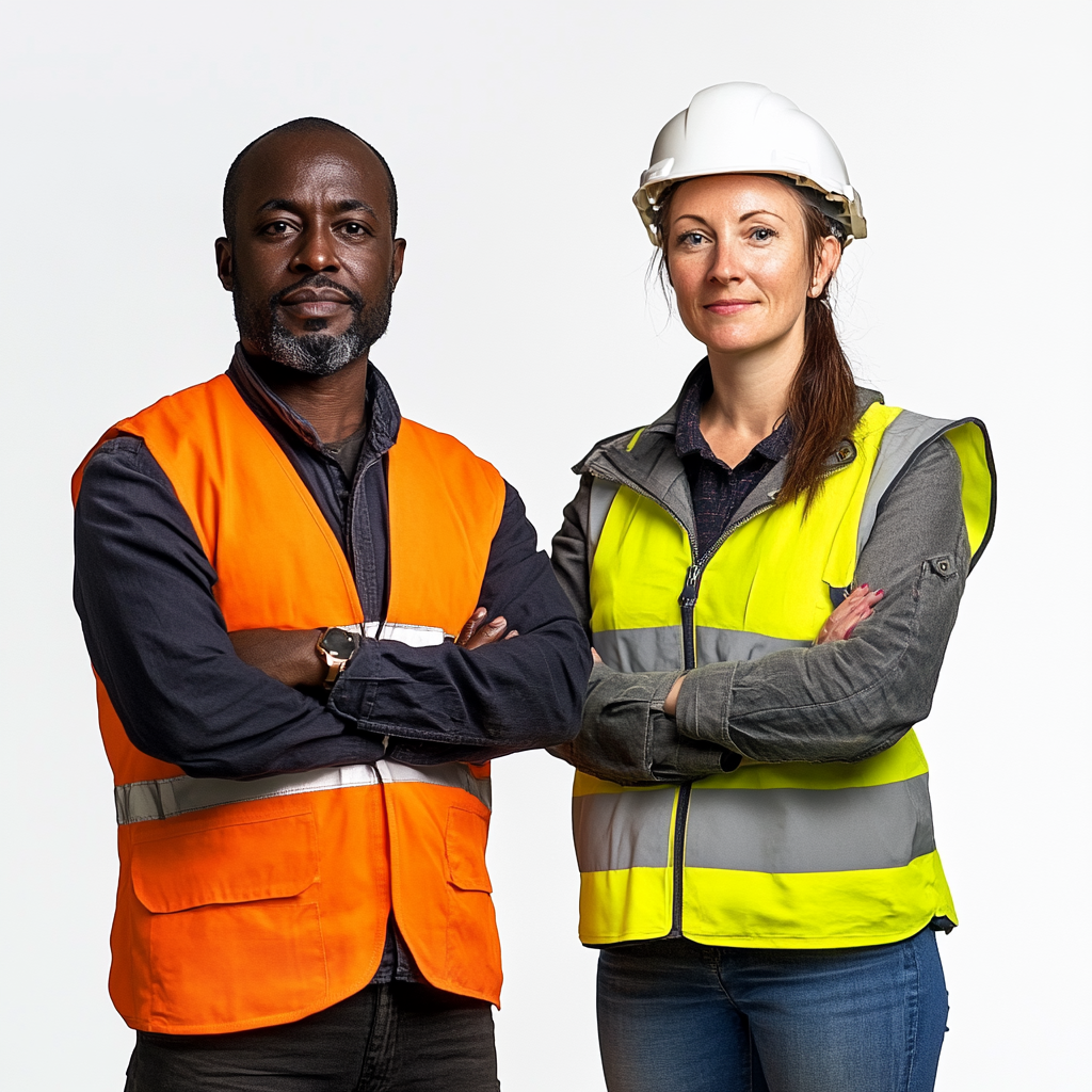 Portrait photography of construction workers and architect woman.