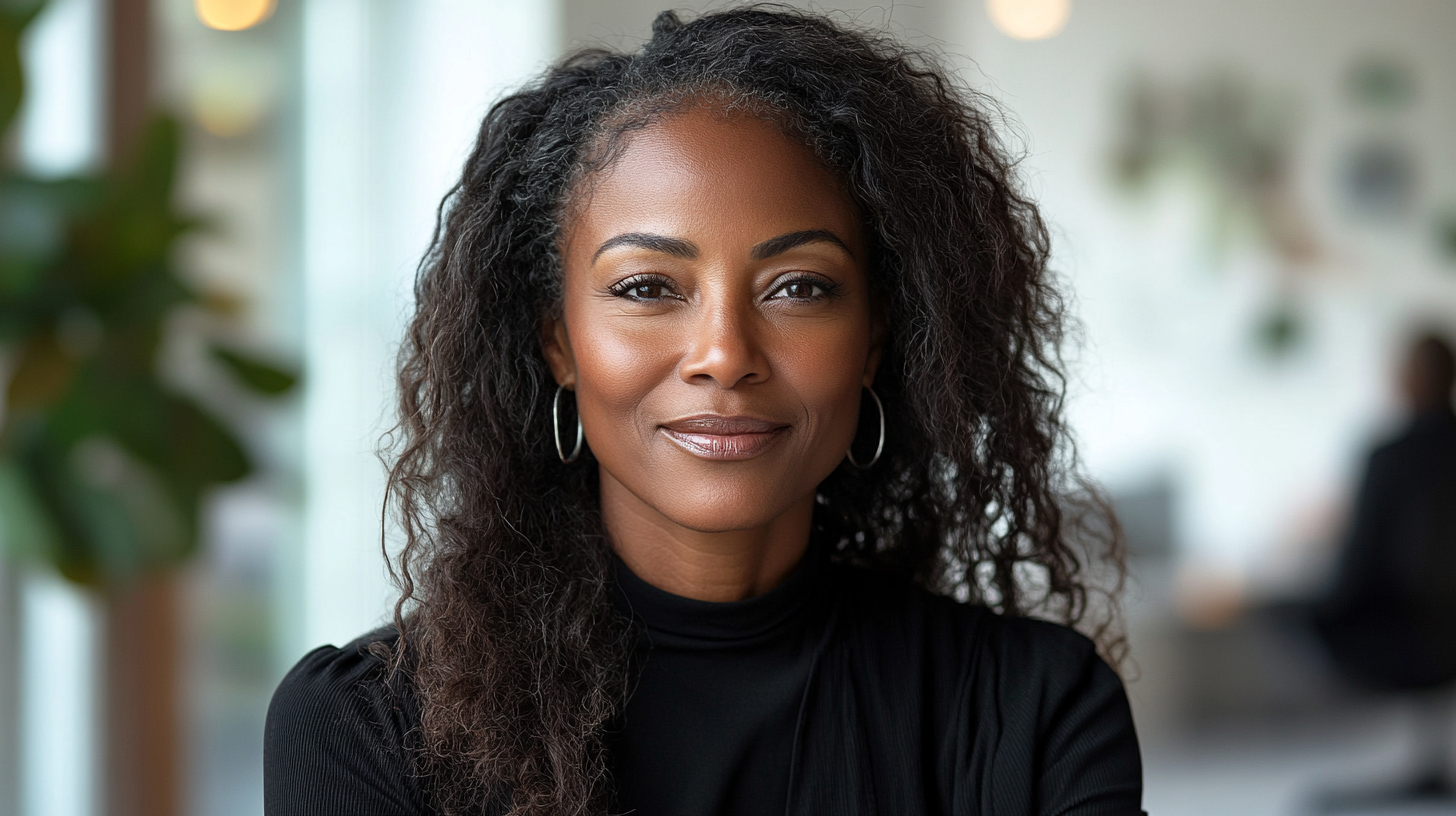 Portrait shot of smiling black woman holding iPad.