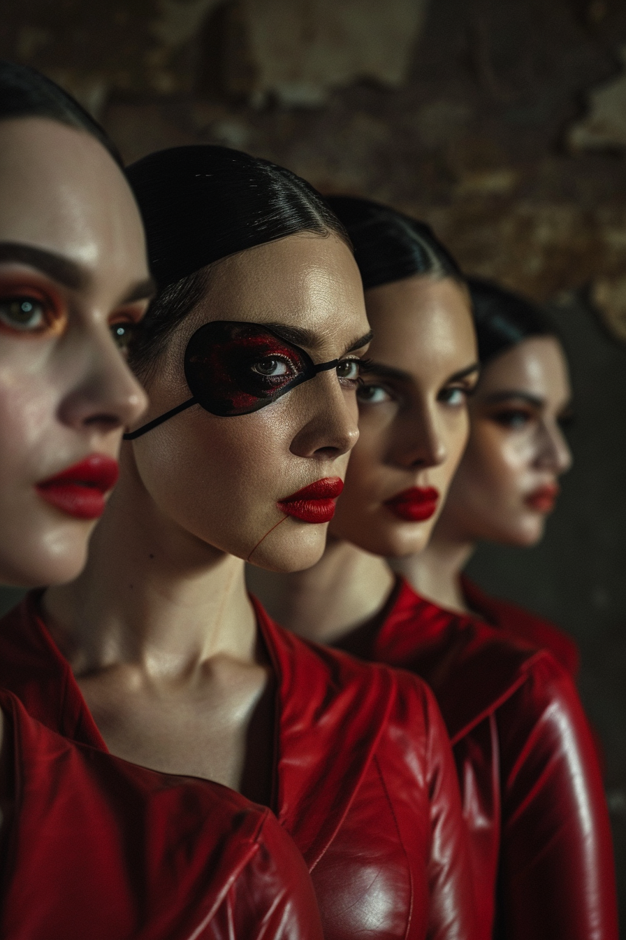 Portraits of four evil, attractive women in red latex.