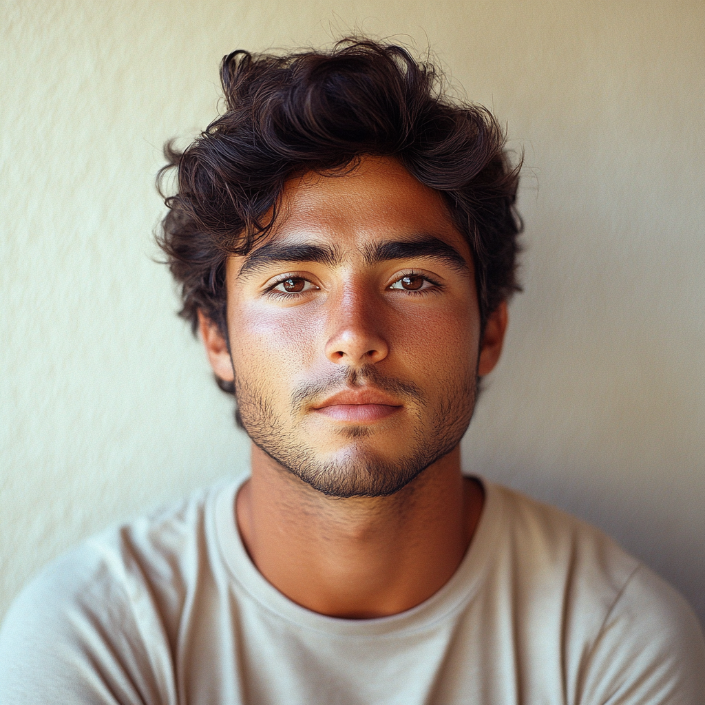 Portuguese man with oblong face, dark features, tan skin.