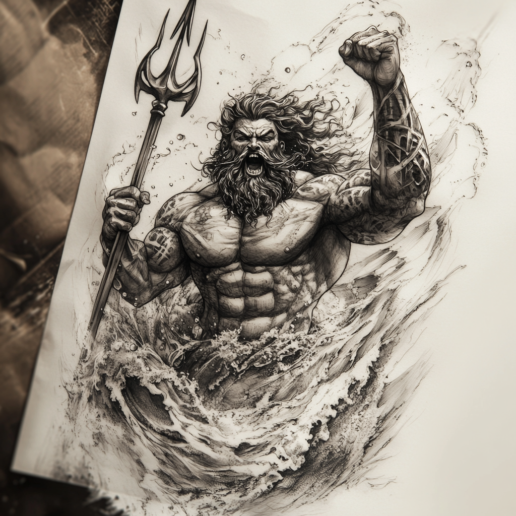 Poseidon Tattoo Design: Powerful Greek God Battle Charge 