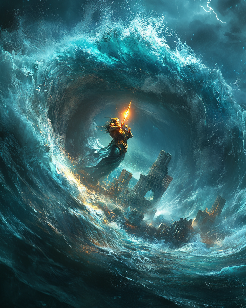 Poseidon controlling Atlantis whirlpool with glowing trident, vortex swirling.