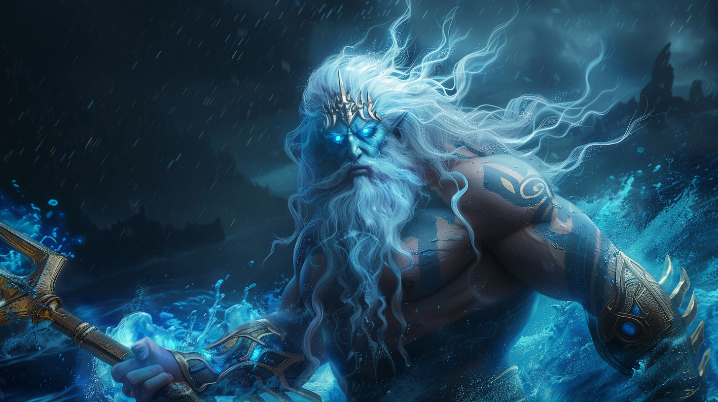 Poseidon with trident, blue eyes, white hair/beard, high resolution.