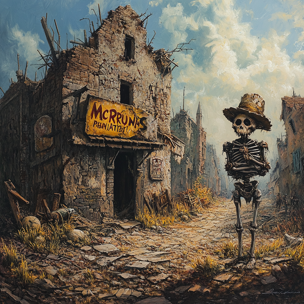 Post-apocalyptic Medieval Village Restaurant with Armor Scarecrow Entrance