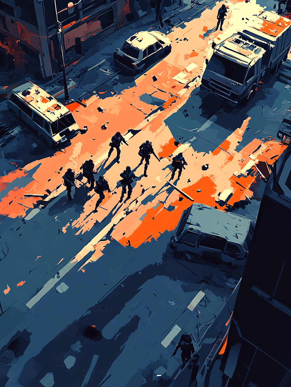 Post-apocalyptic SWAT team fighting zombies in low-poly 3D.