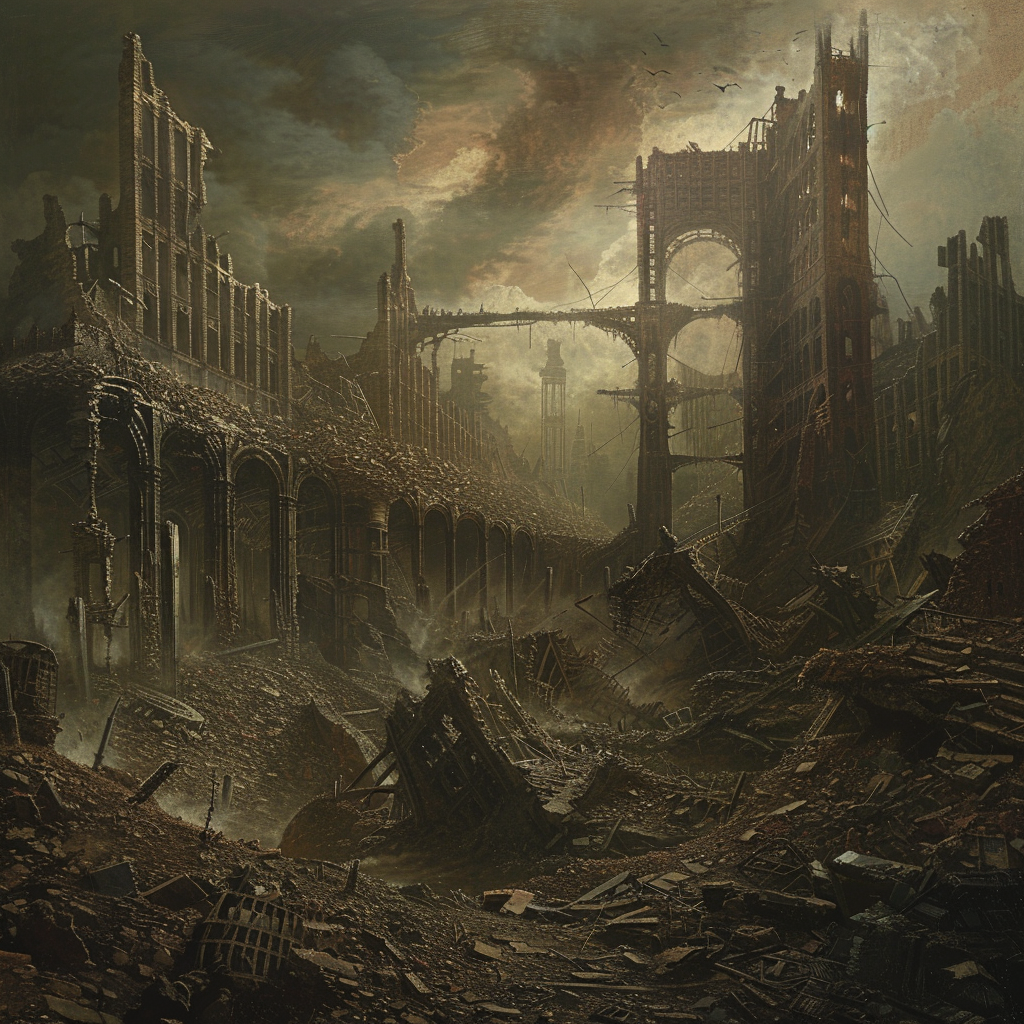 Post-apocalyptic wasteland with ruined buildings and foreboding atmosphere.