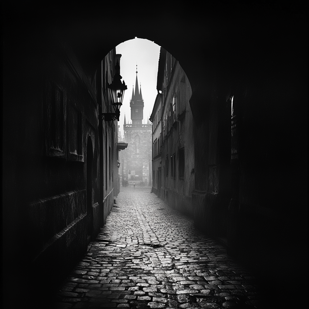 Post-war Czechoslovakia street view with famous monument.