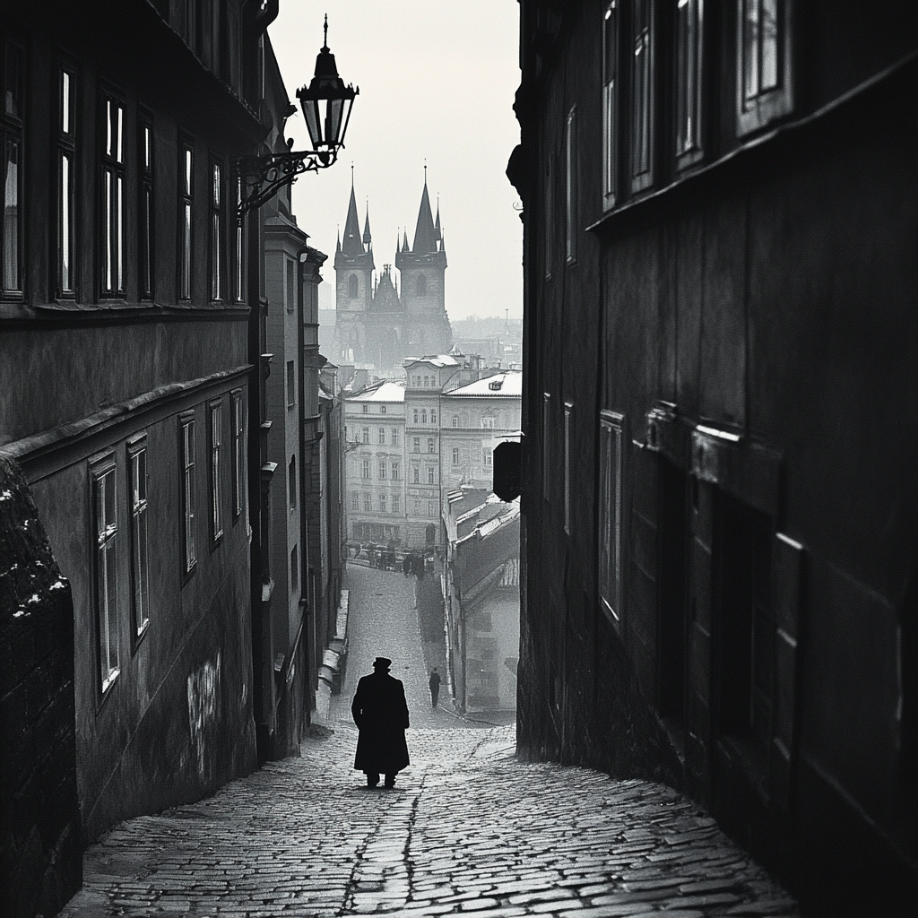 Post-war Czechoslovakia street with famous Prague monument, black-and-white.