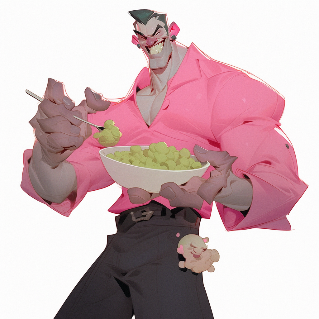 Poster depicts muscular Frankenstein with pink skin, smiling.