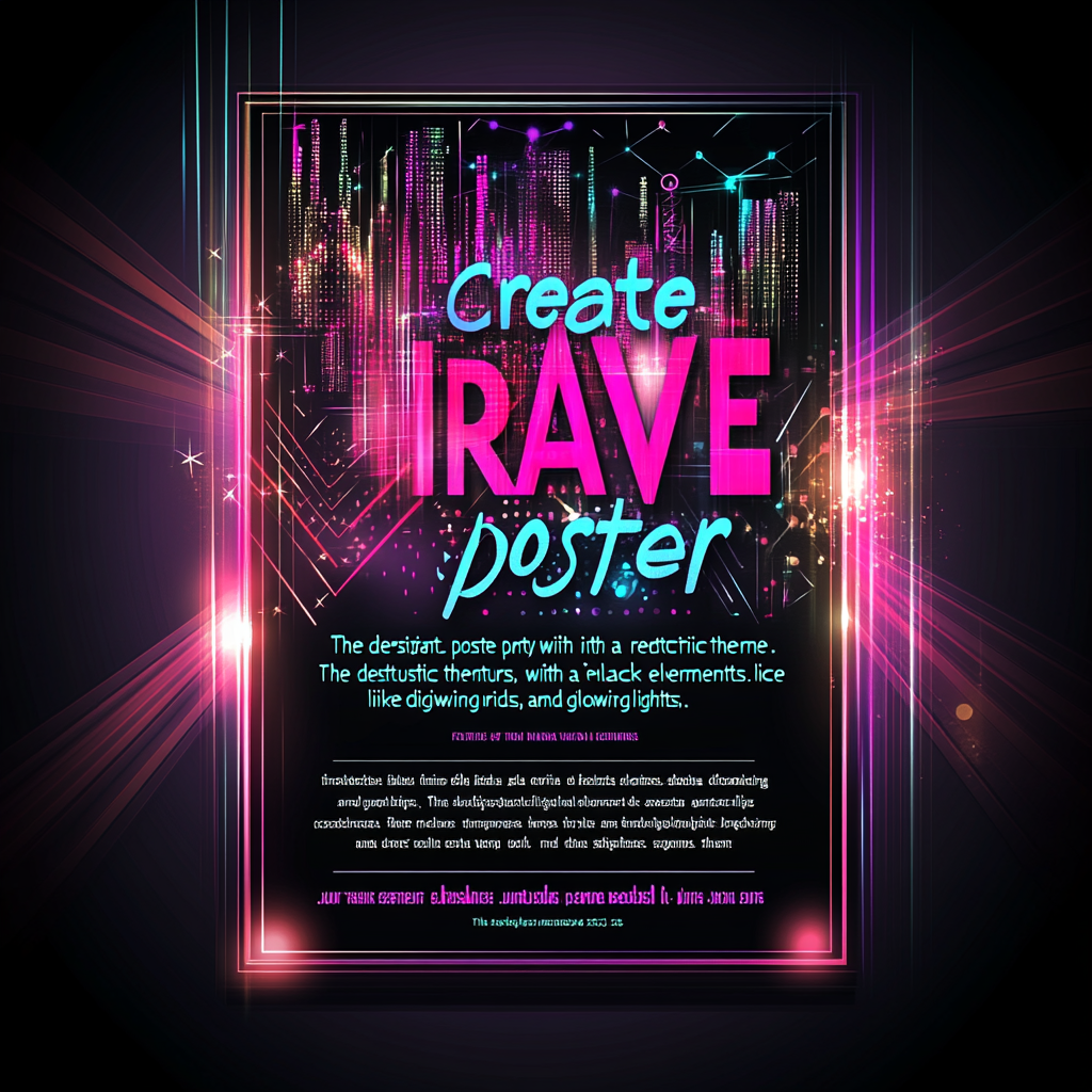 Poster for rave party with retro-futuristic theme and neon colors.