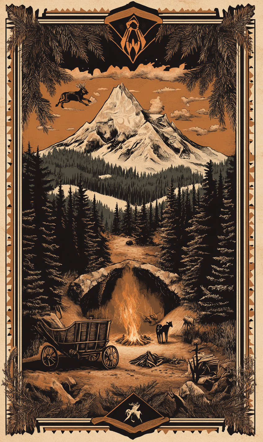 Poster: Mining company with Yggdrass, mountain, campfire, animals.