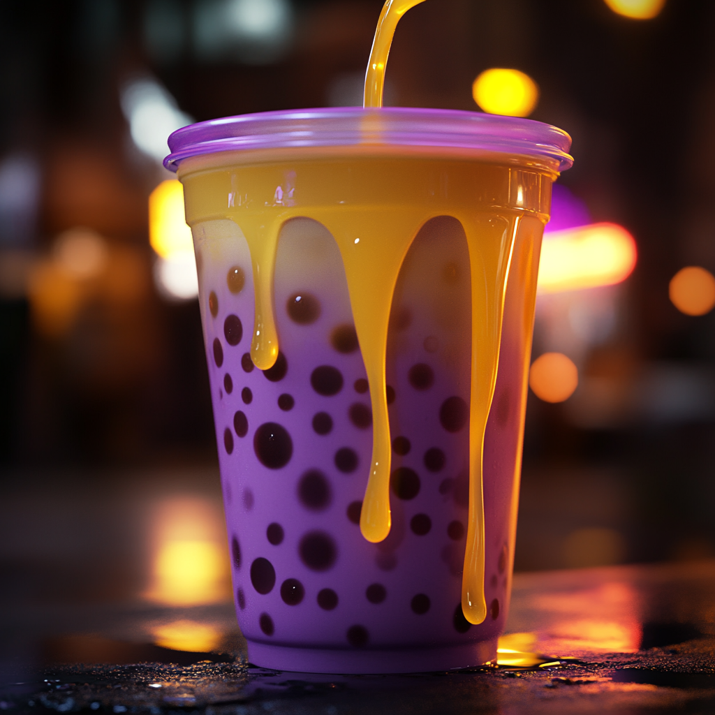 Pouring yellow liquid into purple bubble tea glass