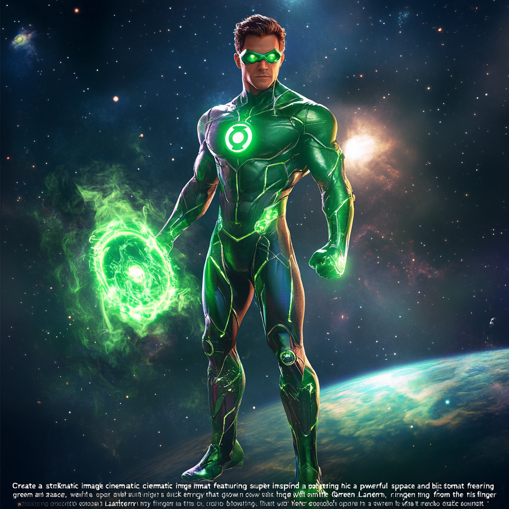 Powerful Green Lantern with glowing suit and energy shield.